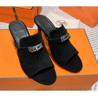 Best Price Hermes Suede Heel Slide Sandals 7cm with Kelly Buckle Black 0531026