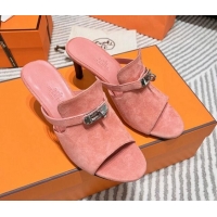 Good Quality Hermes Suede Heel Slide Sandals 7cm with Kelly Buckle Pink 0531027