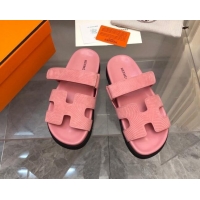 Good Quality Hermes Chypre Slide Sandals in Stripes Embossed Suede Light Pink 620100