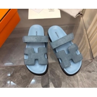 Pretty Style Hermes Chypre Slide Sandals in Stripes Embossed Suede Dusty Blue 0620101