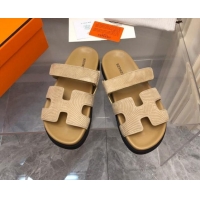 Low Price Hermes Chypre Slide Sandals in Stripes Embossed Suede Apricot 620103