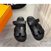 Best Product Hermes Chypre Slide Sandals in Crocodile Embossed Leather Black 620107