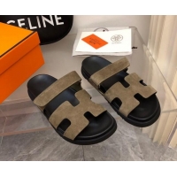 Charming Hermes Chypre Slide Sandals in Suede Khaki/Black 620110