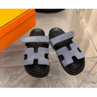 Sophisticated Hermes Chypre Slide Sandals in Suede Light Grey/Black 0620112