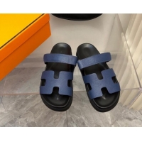 Sumptuous Hermes Chypre Slide Sandals in Palm-Grained Leather Navy Blue/Black 0620116