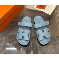 Luxury Hermes Chypre Slide Sandals in Palm-Grained Leather Light Blue 0620118