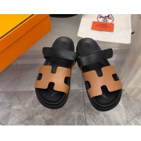 Top Quality Hermes Chypre Slide Sandals in Palm-Grained Leather Brown/Black 0620119