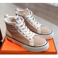 Stylish Hermes Gad High Top Sneakers in Printed Denim and Calfskin Brown/White 0620121