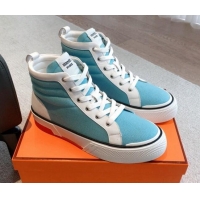 Luxury Hermes Gad High Top Sneakers in Printed Denim and Calfskin Light Blue/Whit 0620122