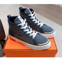 Durable Hermes Gad High Top Sneakers in Printed Denim and Calfskin Navy Blue 0620123