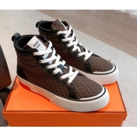 Best Price Hermes Gad High Top Sneakers in Printed Denim and Calfskin Brown/Black 0620124