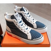 Pretty Style Hermes Gad High Top Sneakers in Printed Denim and Calfskin Dark Blue 0620127