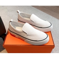 Best Product Hermes Gliss Slip-on Sneakers in Denim and Calfskin White 620129