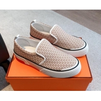 Top Grade Hermes Gliss Slip-on Sneakers in Printed Denim and Calfskin Light Brown/White 0620131