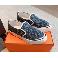 Good Looking Hermes Gliss Slip-on Sneakers in Printed Denim and Calfskin Dark Blue/White 0620133