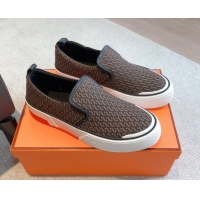 Pretty Style Hermes Gliss Slip-on Sneakers in Printed Denim and Calfskin Dark Brown 0620134