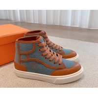 Best Price Hermes Get Up High-top Sneakers in Denim and Calfskin Blue/Brown 620136