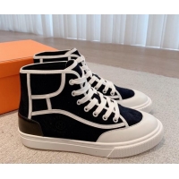 Classic Hot Hermes Get Up High-top Sneakers in Denim and Calfskin White/Black 620138