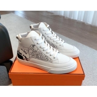 Good Product Hermes District Graff Printed Calfskin High Top Sneakers White 625006