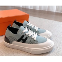 Duplicate Hermes Deep Sneakers in Knit and Calfskin Light Green 625007