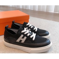 Luxury Hermes Deep Sneakers in Knit and Calfskin Black 625008