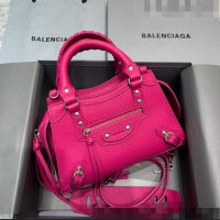 Luxury Discount Balenciaga Neo Classic Mini Bag in Grained Calfskin 638512 Hot Pink/Silver