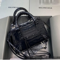 Famous Brand Balenciaga Neo Classic Mini Bag in Shiny Crocodile Embossed Leather 638512 All Black