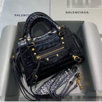 Buy Cheap Balenciaga Neo Classic Mini Bag in Shiny Crocodile Embossed Leather 638512 Black/Gold