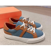 Most Popular Hermes Day Low Top Sneakers in Denim Canvas and Calfskin Blue/Brown 625024