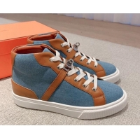 Grade Quality Hermes Day High Top Sneakers in Denim Canvas and Calfskin Blue/Brown 625025