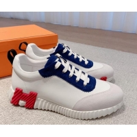 Top Grade Hermes Bouncing Calfskin and Suede Sneakers White/Navy Blue 625028