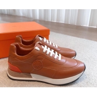 Best Product Hermes Drive Sneakers in Calfskin Leather Tan Brown 625035