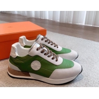 Unique Style Hermes Drive Sneakers in Fabric and Suede Green 625037