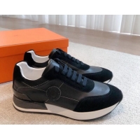 Best Grade Hermes Drive Sneakers in Calfskin and Suede Black 625039