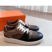 Low Price Hermes Free Low Top Sneakers in Denim and Calfskin Black/Brown 625046