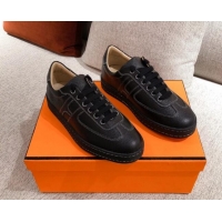 Classic Hot Hermes Boomerang Sneakers in Grained Calfskin Black 625053