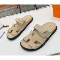 Pretty Style Hermes Chypre Slide Sandals in Suede Light Khaki 362801