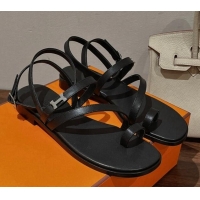 Shop Duplicate Hermes Leather Strap Sandals with H Black 711088