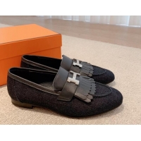 Charming Hermes Royal Loafers in Denim and Leather Dark Blue 711093