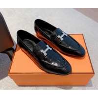 Sophisticated Hermes Paris Embossed Leather Loafers Black 711099