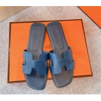 Charming Hermes Classic Oran Flat Slide Sandals in Calf Leather Navy Blue 711104