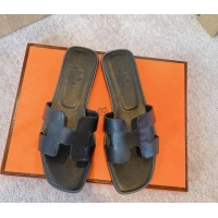 Shop Duplicate Hermes Classic Oran Flat Slide Sandals in Calf Leather Black 711111