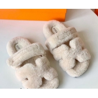 Popular Style Hermes Chypre Flat Slide Sandals in Teddy Wool Cream White 718092