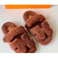 Good Quality Hermes Chypre Flat Slide Sandals in Teddy Wool Brown 718093