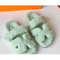 Top Design Hermes Chypre Flat Slide Sandals in Teddy Wool Light Green 718094