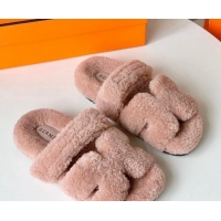 Lower Price Hermes Chypre Flat Slide Sandals in Teddy Wool Light Pink 718096