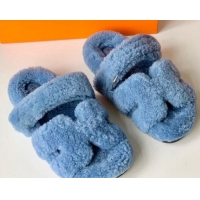 Good Product Hermes Chypre Flat Slide Sandals in Teddy Wool Light Blue 718097