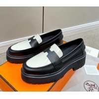 Stylish Hermes Hitch Loafers in Glazed Calfskin 6cm Black/White 724129