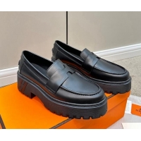 Hot Style Hermes Hitch Loafers in Glazed Calfskin 6cm All Black 724130