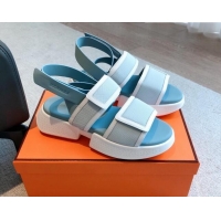 Popular Style Hermes Geek Canvas Platform Sandals 3.5cm Light Blue 724136